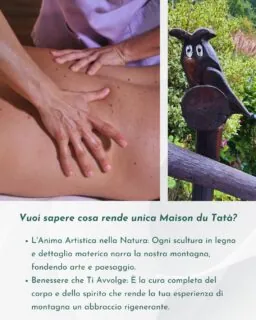 Ti sei mai chiesto cosa trasforma un soggiorno a Maison du Tatà in qualcosa di indimenticabile?L'Anima Artistica nella Natura: non troverai solo un design curato, ma pezzi unici di arte e scultura in legno che narrano la nostra montagna, integrandosi perfettamente con la bellezza del paesaggio circostante. Dal piccolo gufo saggio nel giardino ai dettagli materici del legno, ogni elemento è una pennellata di autenticità e connessione con il territorio. La nostra unicità è respirare arte in mezzo alla natura.Benessere che ti Avvolge: oltre all'aria pura di Antey, offriamo un'attenzione al tuo benessere che va oltre il semplice riposo. Grazie alla collaborazione con lo studio Il Massaggio, ti invitiamo a un relax profondo, rigenerante, che completa la tua esperienza di montagna. È la cura del corpo e dello spirito, parte integrante del nostro concetto di accoglienza unica.A Maison du Tatà, non ti offriamo un luogo, ma una filosofia di vita. Vieni a scoprirla. 💖🏡#maisondutatà💙#accoglienzasicura🏡🏡🏡🏡🏡#maisondutatàunica #arteinmontagna #benesseremontano #valledaosta #ospitalitàdarte #sceltedicuore #relaxprofondo #designnaturale #esclusività #curadelcorpoedelspirito #slowtravel #esperienzeuniche #montagnaperlanima #qualitàautentica #antey #valoreaggiunto #rifugioperfetto #arteecreazione #sentirsibene #maisondutatà